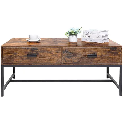Retro Central Coffee Table With 2 Large Drawers and Metal Legs Frame for Living Room, Rustic Brown Rectangular Functional Table
