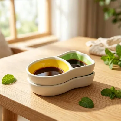 Divided Sauce Dish Green&Yellow Fish Shape Green Ceramic Sauce Dish With Divider
