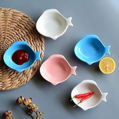 Colorful Smooth Fish Shaped Kitchen Restaurant Seasoning Soy Sauce Dish Plate Ceramic Bone China Dipping Sauce Dishes