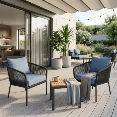 Outdoor Hand-Woven Rope Armchair, Metal Frame Patio Leisure Chair with Cushion, Garden Balcony Single Furniture Wholesale