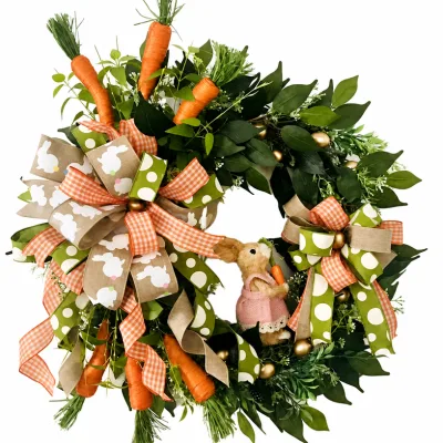 45cm Easter Wreath with Carrots and Bunny Figurine Burlap Polka Dot Gingham Ribbon Bows Green Foliage Spring Door Decoration