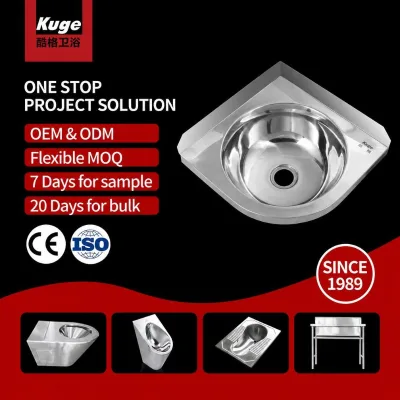 Kuge Wall Mounted Space Saving Round Shaped Stainless Steel Corner Hand Wash Basin for Commercial Bathroom Renovation