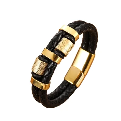 OEM Accept Popular Stainless Steel Magnet Buckle Leather Bracelet Leather Rope Bracelet Jewelry Wholesale Men's Bracelets