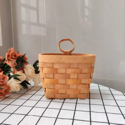 Supermarket Picnic Flat Hand Woven Wood Chip Available Rectangle Wooden Storage Basket Hanging Handle Small Large Bathroom