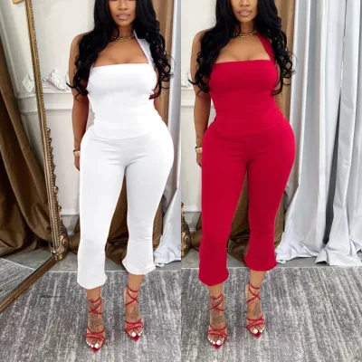 Latest Design Women Sleeveless Halter Tank Top Leggings 2 Piece Sets Solid Color Slim Fitness Two Piece Pants Set