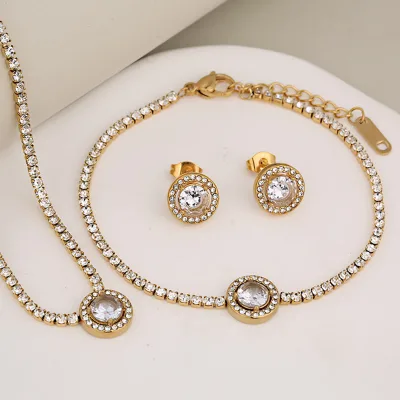 Fashion Women's Full-diamond Round Heart square Drop Bracelet Necklace Stud Earrings Stainless Steel Set Factory Wholesale