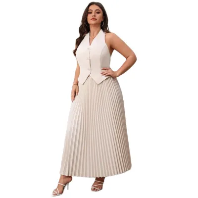 Elegant Beige Plus Size Women's Casual Vest & Pleated Skirt Set for Spring Season