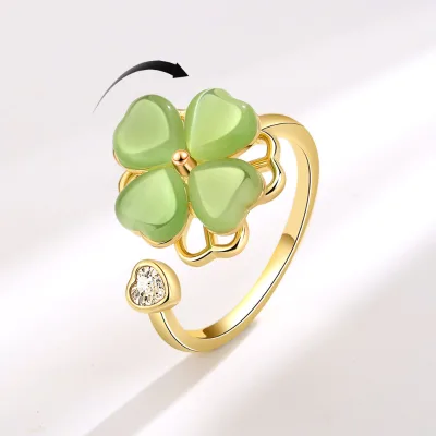 Rotatable Anti-anxiety Ring Green Opal Four Leaf Clover Fidget Spinner Adjustable Open Ring for Women Girls