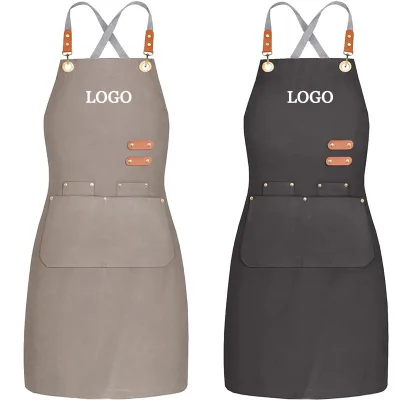 Custom Logo High Quality Waiter Aprons With Pockets Worksuit Cross Back Unisex Cooking Restaurant Chef Uniform Grey Black