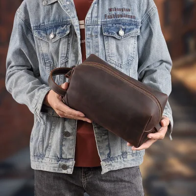 Vintage Luxury Full Grain Leather Blank Eco-Friendly Portable Dopp Kit Zipper Pouch Soft Handle for Men Cosmetic Makeup