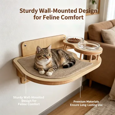 Wall Mounted Cat Feeding Station With Dual Glass Bowls and Felt Cushioned Perch for Indoor Pet Dining and Space Saving Furniture