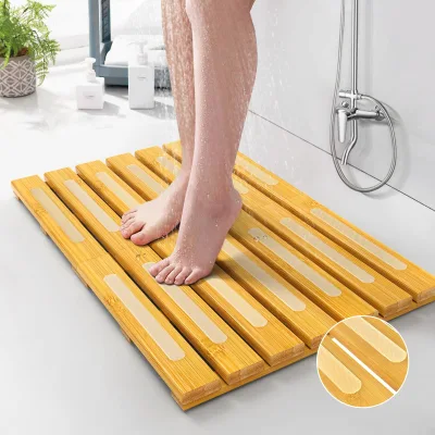 Bamboo Bath Mat for Shower, Dual Anti-Slip for Surface & Bottom Waterproof Foldable Shower Mat Easy to Carry and Storage OEM/ODM