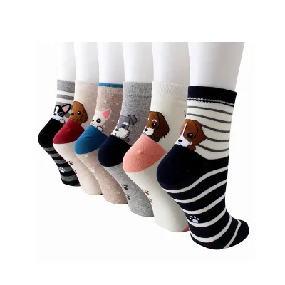 Wholesale Cute Animal Dog Jacquard Colorful Cotton Socks Striped Cartoon Crew Socks for Women Girls