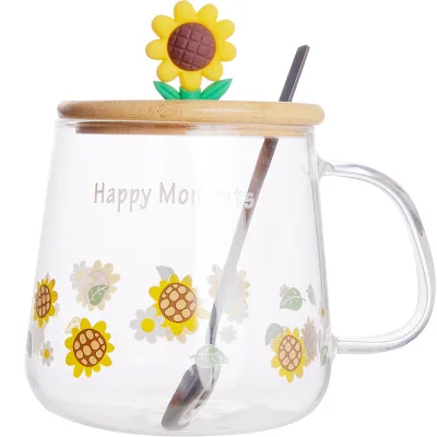 Creative Cartoon Sunflower Glass Cups With Handle Juice Milk Glass Cup With Bamboo Lid