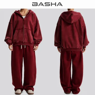 Vintage Acid Wash Cotton Polyester Sweatshirt Set 400g Breathable Solid Streetwear Activewear Gym Casual Sports Outfit
