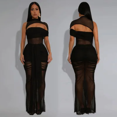 Private Label Women Asymmetrical Cut Out Mesh Maxi Gown Draped Front Sash Full Ruched Sheer Bodycon Back Zip Club Dress