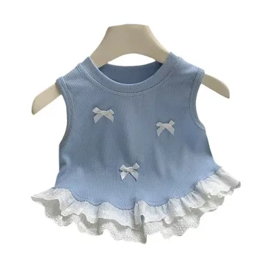 Girls Korean Style Sleeveless Bowknot Vest with Fur Decoration New Summer Lace Patchwork Top for Little Kids
