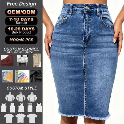Custom Women High Waist Fringe Hem Denim Skirt Light Blue Distressed Frayed Edge Casual Street Style
