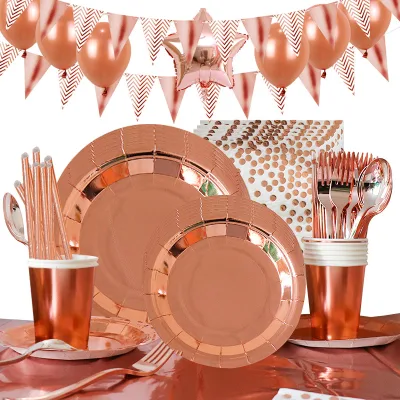 Hot Gold Rose Gold Disposable Tableware Set Paper Cup Paper Plate Tablecloth Party Venue Supplies Decoration Set