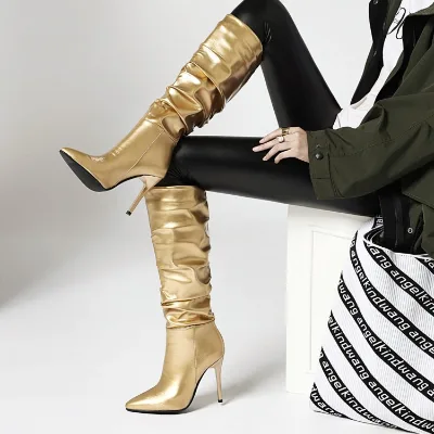 Womens Knee High Boots Metallic Finish Short Floss Lining Ruched Shaft Pointed Toe Stiletto Heel for Autumn Winter Outfits