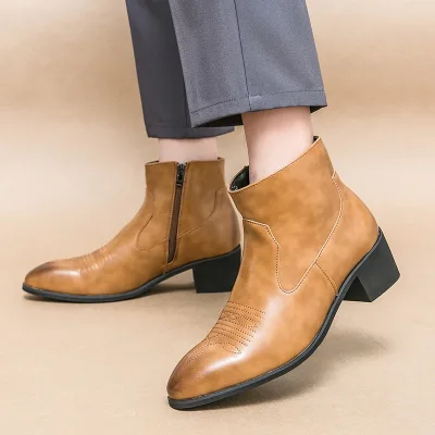 Brown Western Boots for Men Leather Cowboy Brown Chelsea Dress Boots Male Zipper Ankle Business Bottines Chaussures Pour Hommes
