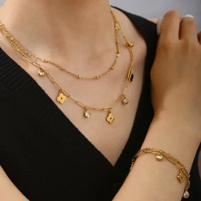 Fashion Women's Fringed Rhinestone 18k Gold Double-layer Necklace and Bracelet Stainless Steel Set Factory Wholesale