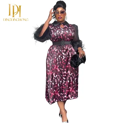 2025 Summer Collection New African Women's Plus Size Dress Three-Quarter Sleeves Black Feather Lapel Printed Cross-Border Export