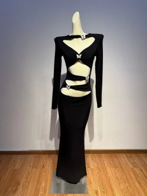 Spicy Girl Style Hollow Out Design Sense Crop Top Ruched Bow Dress Women Long Sleeve Slim Fit Bodycon Long Dress