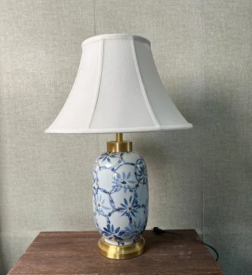New design pale blue hand painted ceramic lamp white luxury desk lamp with brass accessory