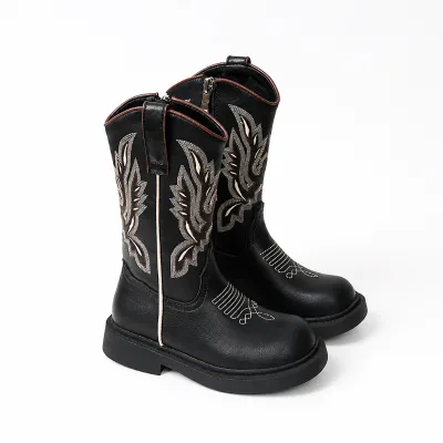 Toddler Kids Classic Western Cowboy Boots Embroidered Vintage Mid-Calf Riding Boots Retro Outdoor Shoes with Side Zipper