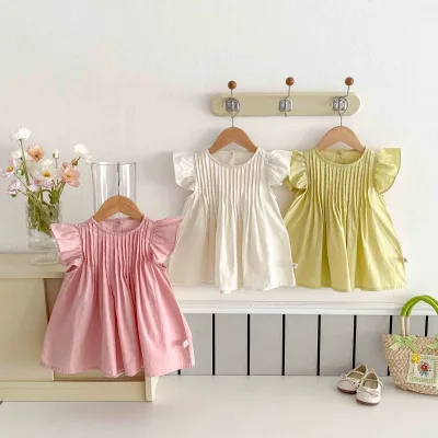 HANOU Children Summer Dresses Flying Sleeve Girls Dress Solid Color Fashion Princess Dress for Baby Solid Color Kids Clothes