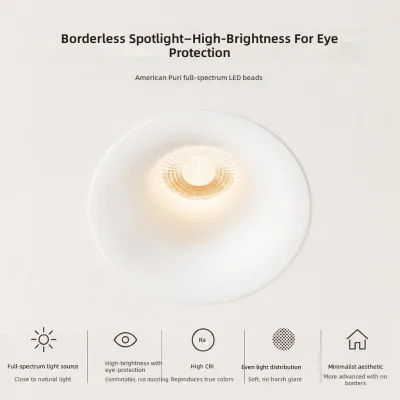 Bezel-less Curved Anti-Glare Recessed Downlight Small-Ridge Large-Beam Design LED Iron Construction 36 Beam Angle for Living