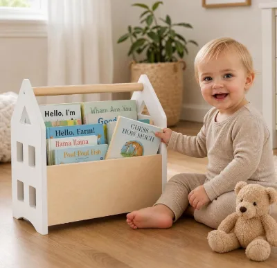 New Design Cute Decorative Montessori Wooden Bookshelf with Handle for Kids Room Bedroom or Playroom Decor