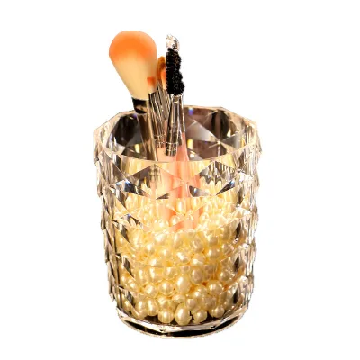 Diamond Pattern Storage Tube Desktop Transparent Makeup Pencil Bucket Stationery Pen Holder Eyebrow Eye Shadow Brush Box