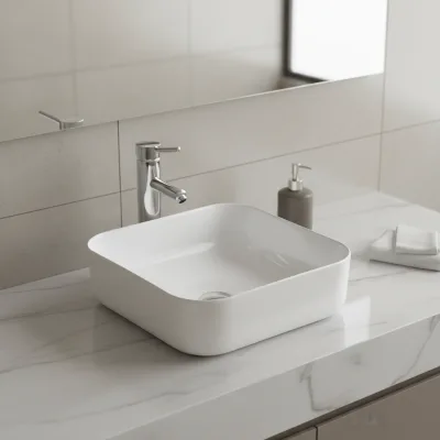 White European Design Ceramic Square Countertop Bathroom Wash Basin for Hotel Apartment
