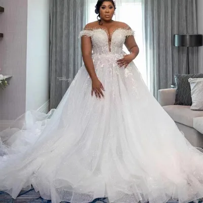 NDB10483 Wedding Dress Bridal Dress off Shoulder Deep V-neck High Waisted Trailing Laces Himmering Sheer Fabric