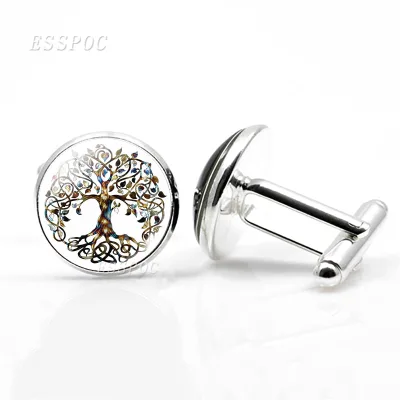 Tree of Life Cufflinks with Silver Plated Glass Cabochon Cuff Nails Life Tree  Pattern Novelty Cuff Links for Men Wedding