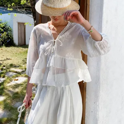 Three-quarter Sleeve Embroidered Women's Embroidered Blouse V-Neck Petite Top Shirt Blouse with V-Neck and Lace-Up