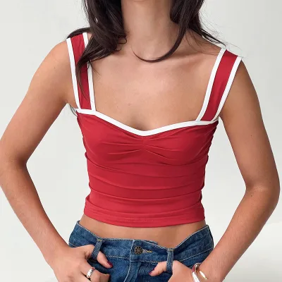 2024 Summer Women's Casual Vest Wide Strap Navel Backless Slim Splicing Color Straps Square Neck Top Street