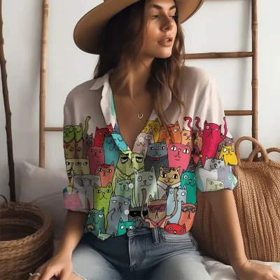 New Fashion Women's Casual Summer Woven Breathable Polyester Digital Print Long Sleeve Raglan Shirt Turn-down Collar