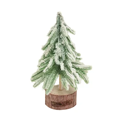 White Flocked Christmas Tree on Wood Base, Artificial Snow Covered Tabletop Tree with Cylinder Stand