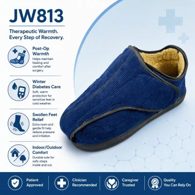 Wide Round Toe Diabetic Recovery Shoe Warm Plush Lining Hook & Loop Straps for Metatarsal Fracture & Sensitive Feet