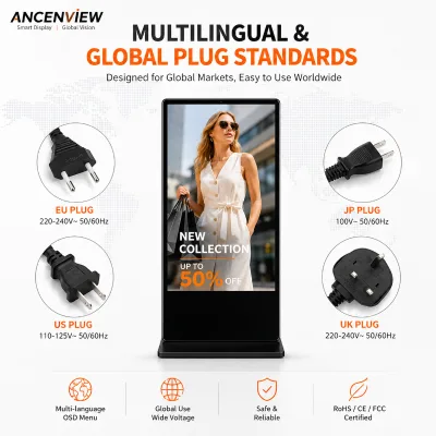 Floor Standing WiFi Anti-Glare Adobe RGB 98% Cloud-Based Touch Screen Kiosk 32-65 Inch Digital Signage LCD Advertising Display