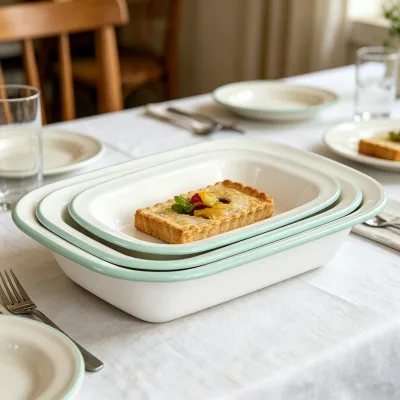 Assorted Size Custom logo Rectangle Shape Restaurant Kitchen Bakeware Dinner Serve Oblong Enamel Pie Dish Plate with Green Rim