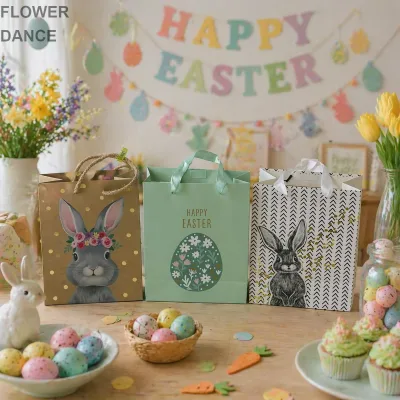 Easter Party Favors & Holiday Bunny Heads Bag Premium Print Goodie Bags with Ribbon Handles Reusable Easter Party Gift Bags