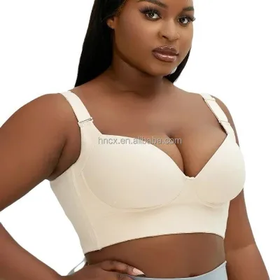 Women's Large Size Seamless Steel Ring Push-up Bra with Front Closure Anti-Sagging Sports Back Deep V Cup Logo Placement