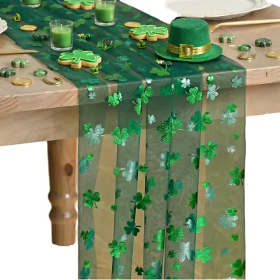 Artoid Mode Green Gauze Shamrocks St.Patricks Day 10FT Polyester Sheer Dining Holiday Baby Shower Home Party Table Runner