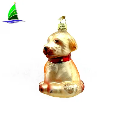 Blown Folk Art Decoration Christmas Hanging Glass Yellow Dog Animals Ornament With a Collar