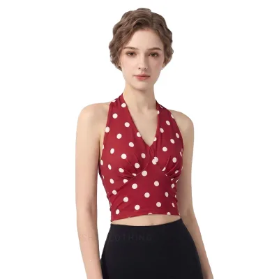 Women's V-Neck Plaid Halter Sports Bra, Fixed-Pad Camisole, Sexy Polka Dot Workout Top Fitness Bra Yoga, Gym, Running & Training
