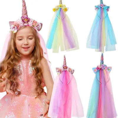 Gauze Rainbow Color Unicorn Headband Princess Gradient Tassel Lace Girl Hair Ornament Headwear Flower Headband